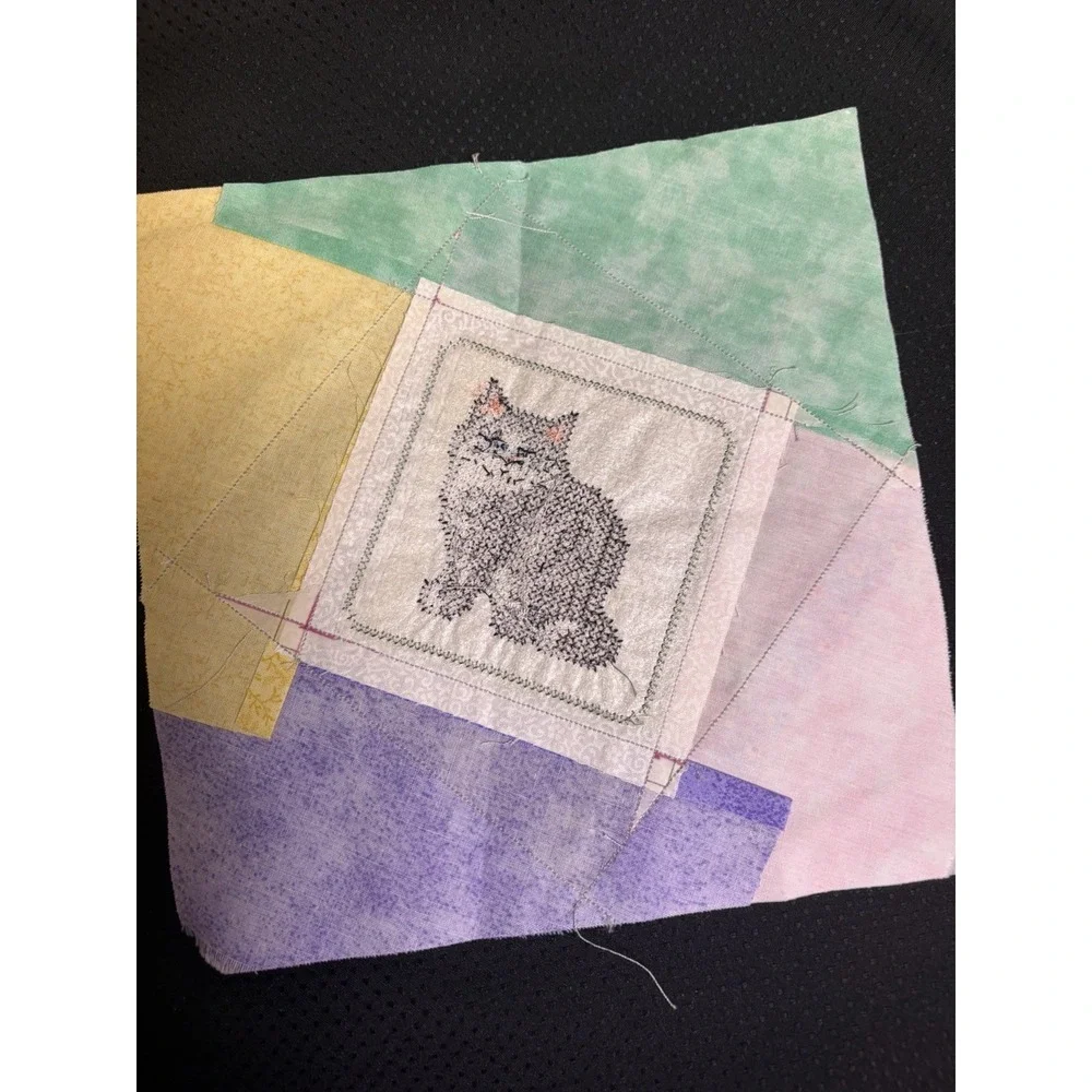 Vtg Quilt Block~Cross Stitch Gray Cat~Machine Embroidered~8.5